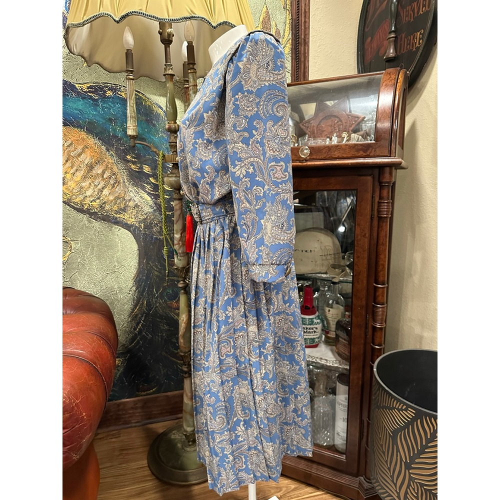 Vintage Breli Originals Paisley Pleated Midi Dress 10 Blue Cottagecore 80s USA - Picture 5 of 12